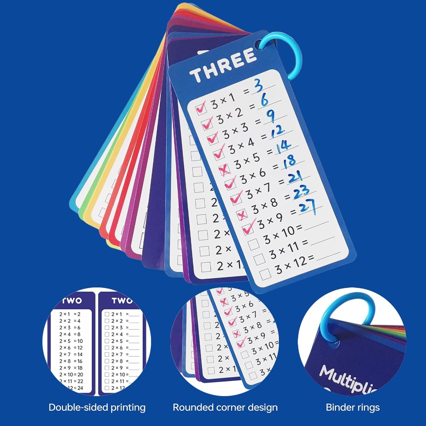 15-Piece Multiplication Flash Cards (0-12) with 2 Erasable Pens (Blue/Red) & 2 Binder Rings - Times Table Learning Set for Classroom or Home