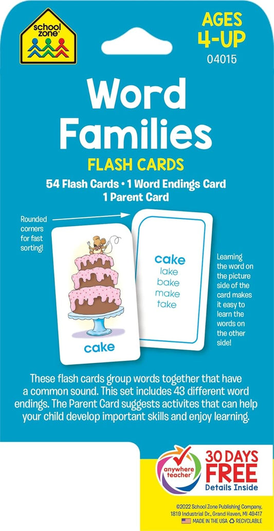 School Zone Word Families Flash Cards: 56 Cards, Preschool, Kindergarten, Beginning and Ending Sounds, Rhymes, Spelling, Early Reading, Ages 4+