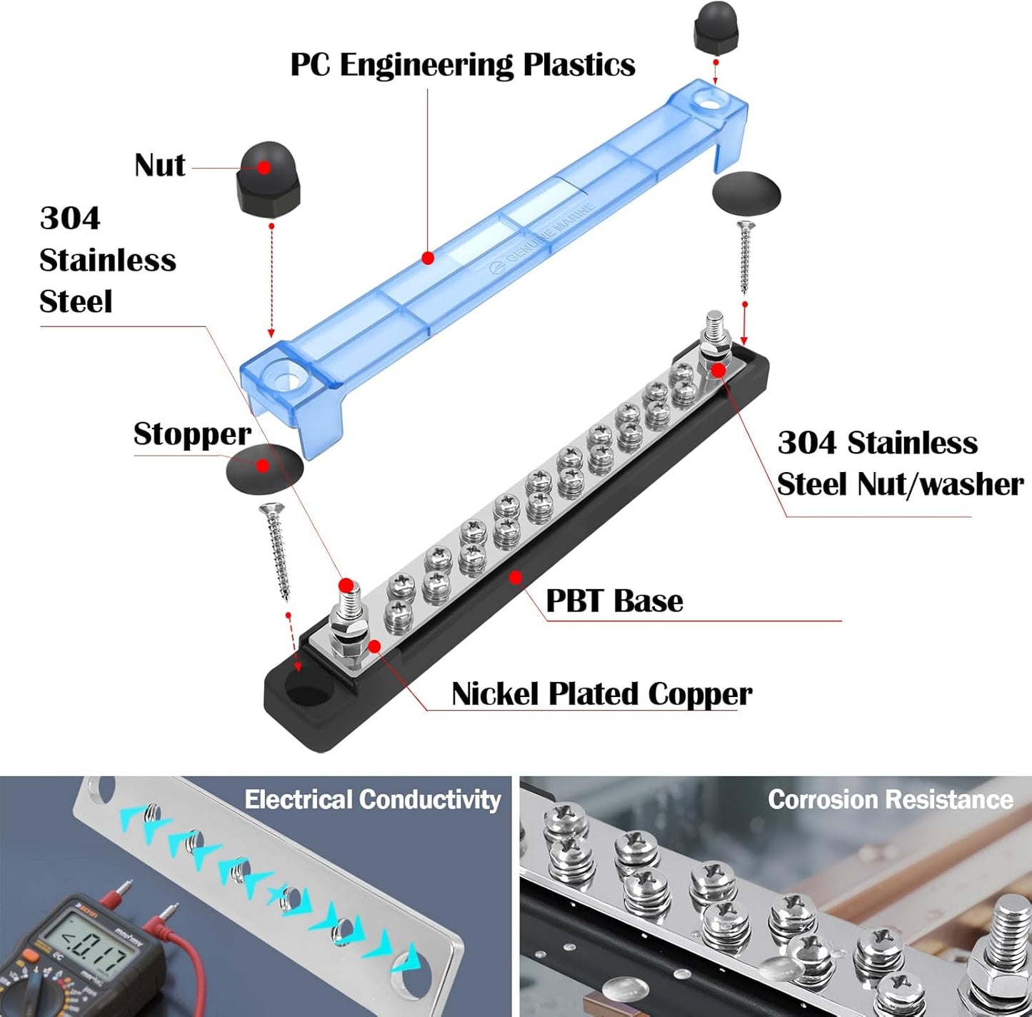 LENKRAD Ground Bus Bar 12V Marine 150A Battery Terminal Block Waterproof Power Distribution Block with 2 x M6 Post,10 x M4 Terminal Screws Negative Buss Bar for RV - 2Pcs