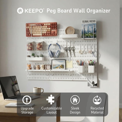 Keepo Peg Board Wall Organizer – Plastic Pegboard Panels, Modular Peg Board Storage System for Home Office, Craft Room, Gaming Setup (White, 33″×22″)