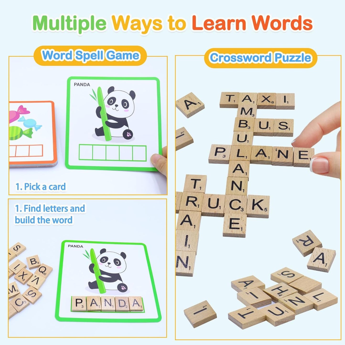 Spelling Game for Kids Ages 3-8, Word Building & Sight Word Games, Phonics Learning Toy with 100 Wooden Letter Tiles & 30 Double-Sided Flashcards, Preschool Kindergarten Early Reading Game
