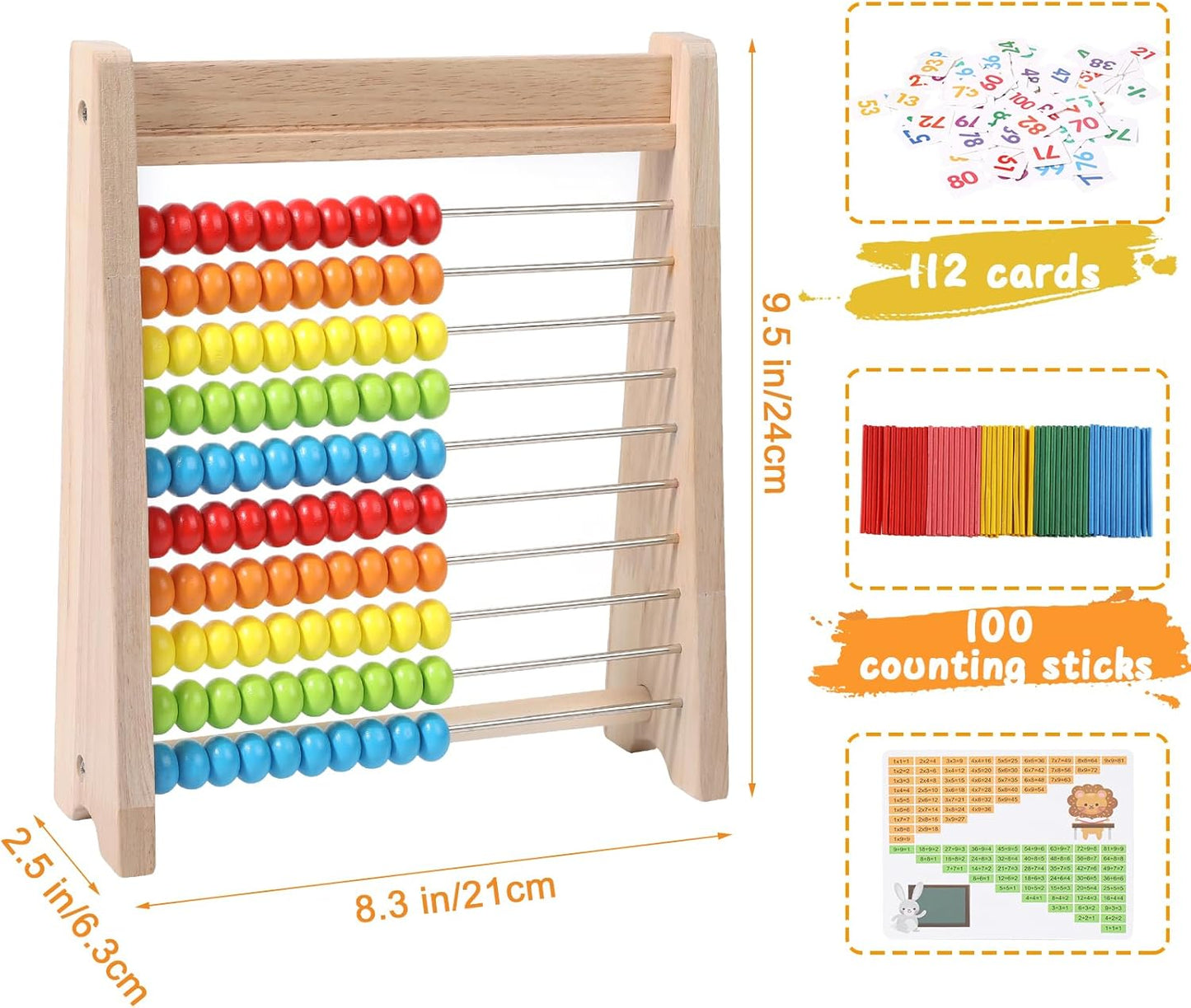 Wooden Abacus for Kids, Math Learning Tool, 10-Row Bead Frame with Counting Sticks, 1-100 Number Cards & Math Symbols, Preschool Educational Toy for Toddlers 3+
