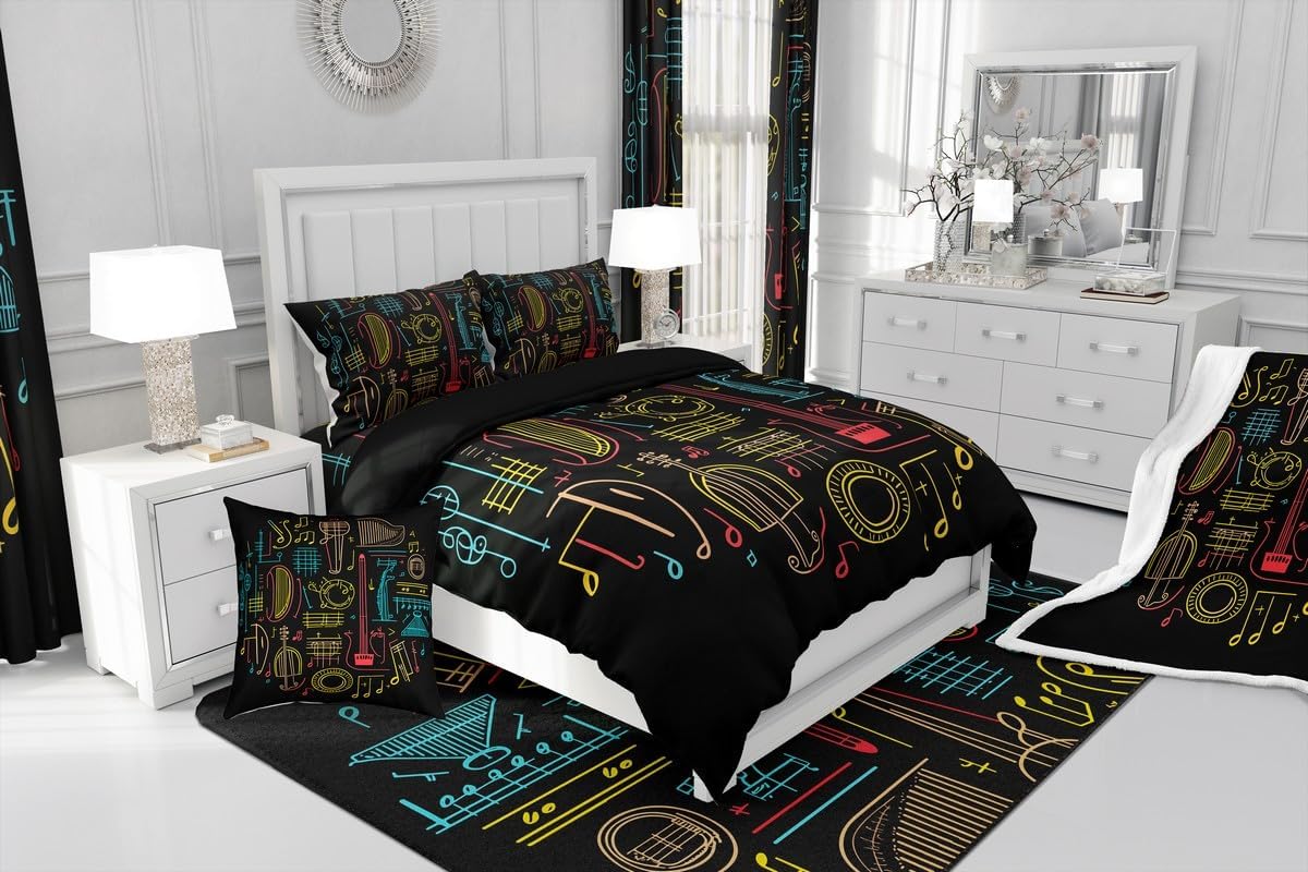 Drum Kit Comforter Cover Abstract Musical Instruments Bedding Set for Kids Boys Teens,Pop Music Duvet Cover Modern Rock Quilt Cover, Teal Laser Light Bedroom Decor Twin Size Blue Green Black