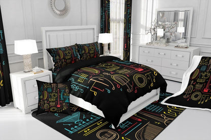 Drum Kit Comforter Cover Abstract Musical Instruments Bedding Set for Kids Boys Teens,Pop Music Duvet Cover Modern Rock Quilt Cover, Teal Laser Light Bedroom Decor Twin Size Blue Green Black