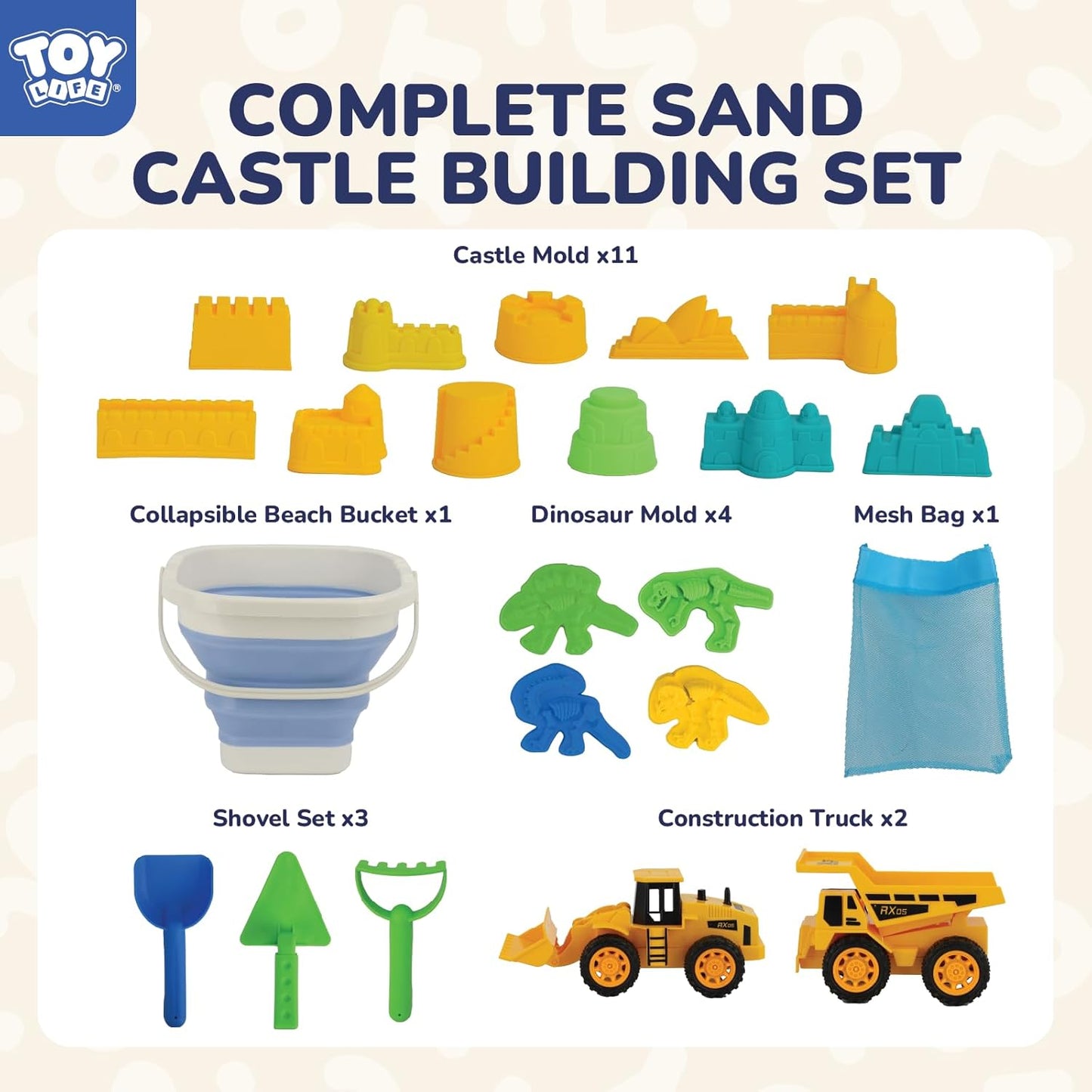 TOY Life 30 Pcs Dinosaur Fossil Beach Toys for Kids Ages 4-8 Collapsible Sand Toys with Dinosaur Toys Silicone Bucket Shovels & Dino Digging Building Kit Molds, Sandbox Toy for Summer, Travel