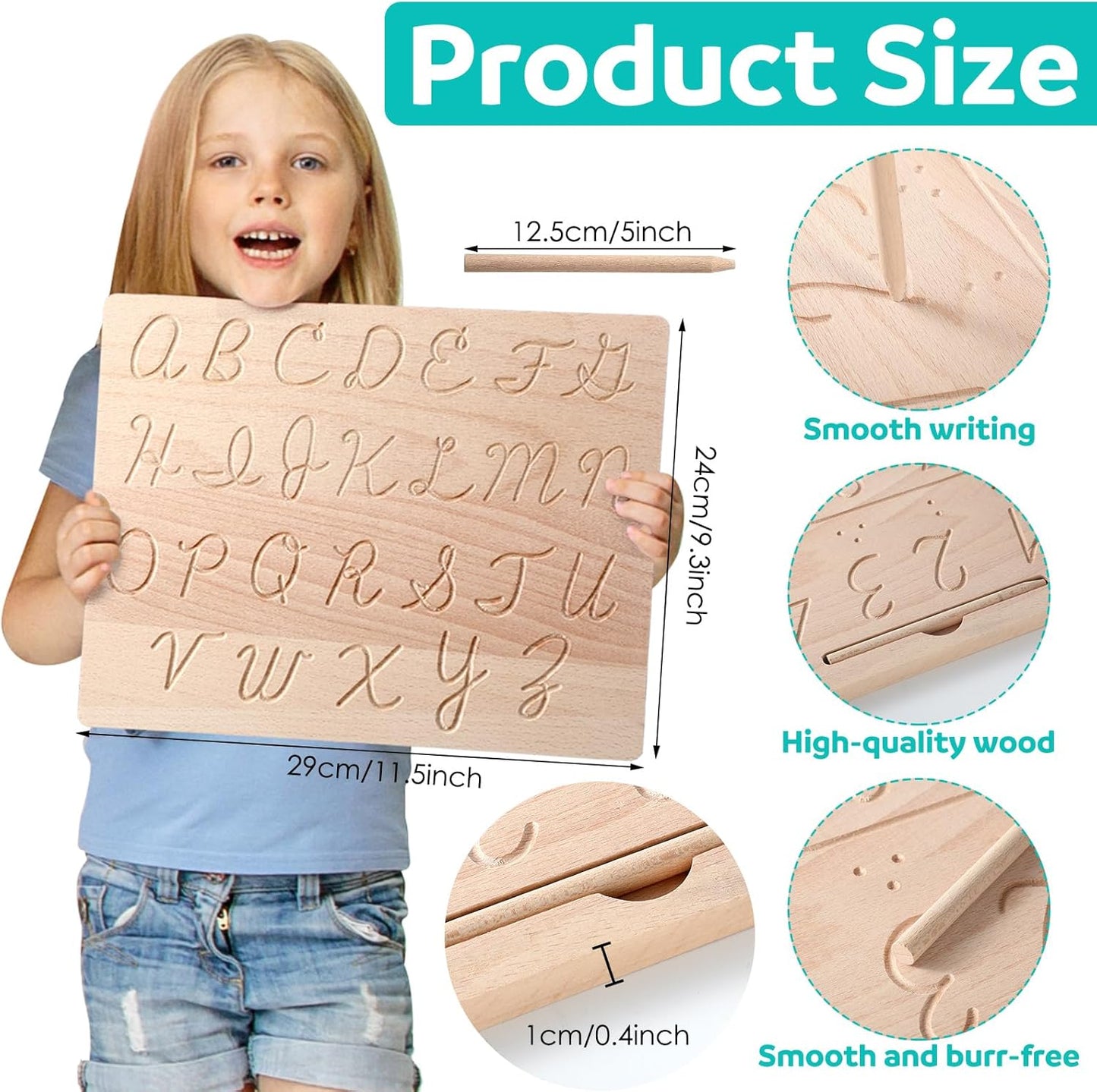 MotiMind 2 Pcs Wood Cursive Alphabet Number Tracing Board Montessori Letter Tracing Board Writing Tools Double Sided with Wooden Pen Letter Tracing Learn to Write for Boys Girls Preschool Classroom