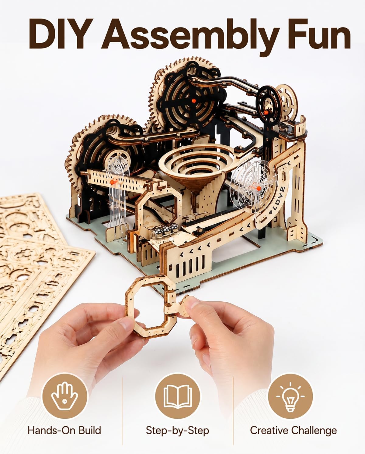 3D Wooden Puzzles Marble Run Chain Kit, Wood Creative Mechanical Puzzles Assembly Model Building Kits to Build for Adults & Kids, DIY Wooden Puzzle Hobbies Toys for Adults &Teens Gifts
