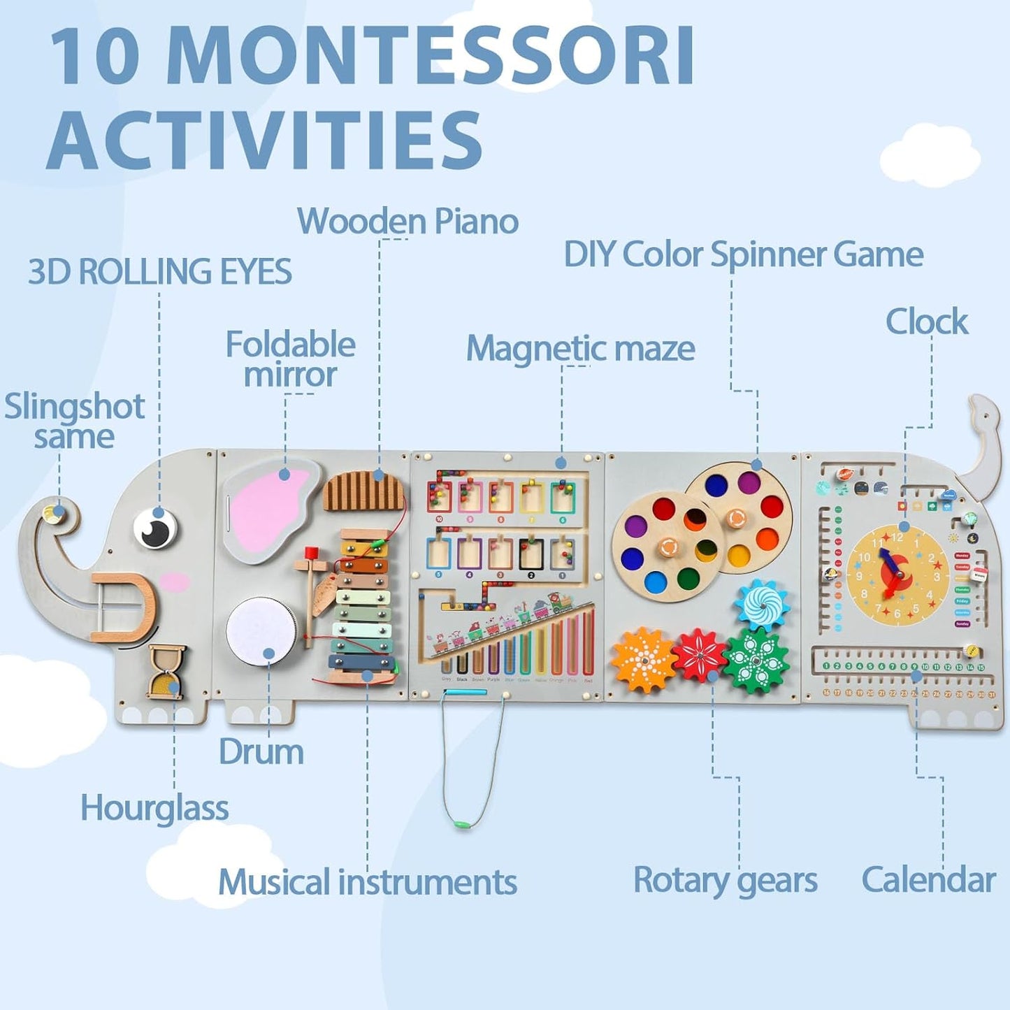 5FT Large Elephant Activity Wall Busy Board Wooden Sensory Wall Panel Educational Montessori Toys for Toddler Kids Interactive Sensory Activity Board Learning Center Playroom Daycare Nursery Decor