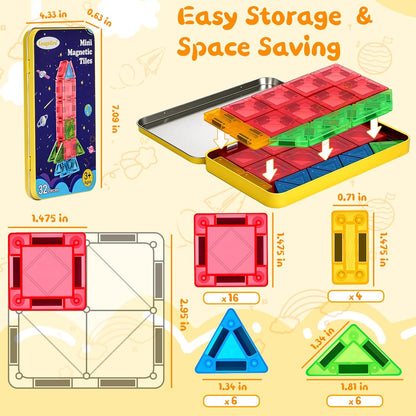 Magnetic Tiles Magnetic Blocks Building Toy: Portable Mini Magnetic Tiles Travel Set 48 Pieces Montessori Toys Birthday Gift for Kids Girls and Boys Ages 3-12 Years Old Preschool Classroom Must Haves