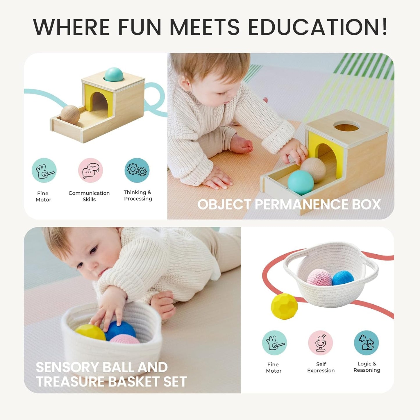 Tiny Land Montessori Baby Toy Set 0-3 Months Newborn Development Sensory Play Kit - 5-in-1 Mirror, Black & White Card Set, Rolling Bell, Play Mat, and Bed Wrap