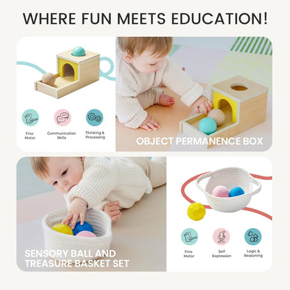 Tiny Land Montessori Baby Toy Set 0-3 Months Newborn Development Sensory Play Kit - 5-in-1 Mirror, Black & White Card Set, Rolling Bell, Play Mat, and Bed Wrap
