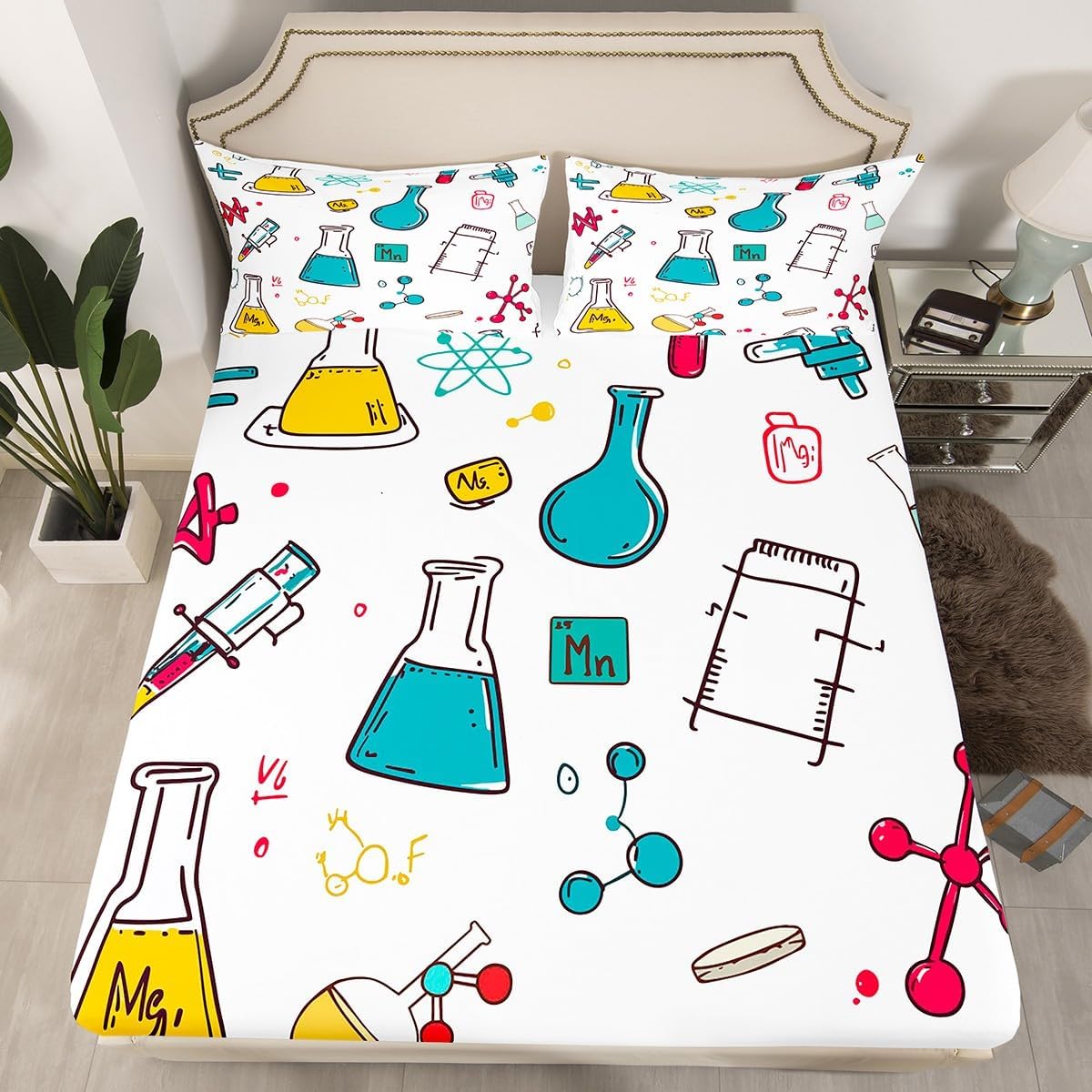 Erosebridal Science Theme Bed Sheets Set Full Size for Boys Girls Chemistry Periodic Table Print Sheet Set Chemical Subject Theme Sheets Teens Kids Math Science Atyle Fitted Sheet 4 Pcs