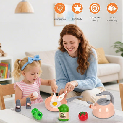 150Pcs Kitchen Playset, Toddlers Pretend Cooking Cookware Accessories, Food, Picnic Blanket, Fruits, Veges, 2Pack Shopping Storage Basket, Dessert and Prop Money, Gift for Kids (Pink)