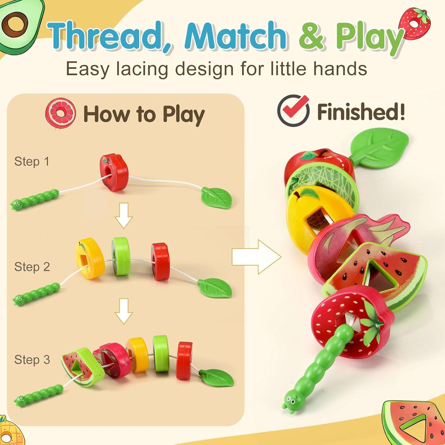 28 Pcs Caterpillar Lacing Toy for Toddlers Fruit Food Threading Toys Learning Lacing Beads Montessori Educational Stringing Threading Beads Fine Motor Skills Gift for Boys Girls 3+
