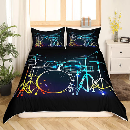 Drum Kit Duvet Cover,Kids Musical Instruments Bedding Set,Rock Music Comforter Cover for Boys Girls Room Decor,Neon Lighting Lightweight Bedspread Cover Twin Size with 1 Pillow Case(No Comforter)