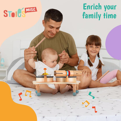 Stoie's Wooden Toddler Musical Instruments with Drum, Hand Bells, Flute, Maracas, Castanet, Tamburine, for Babies and Kids, Eco Friendly Montessori Educational Toy