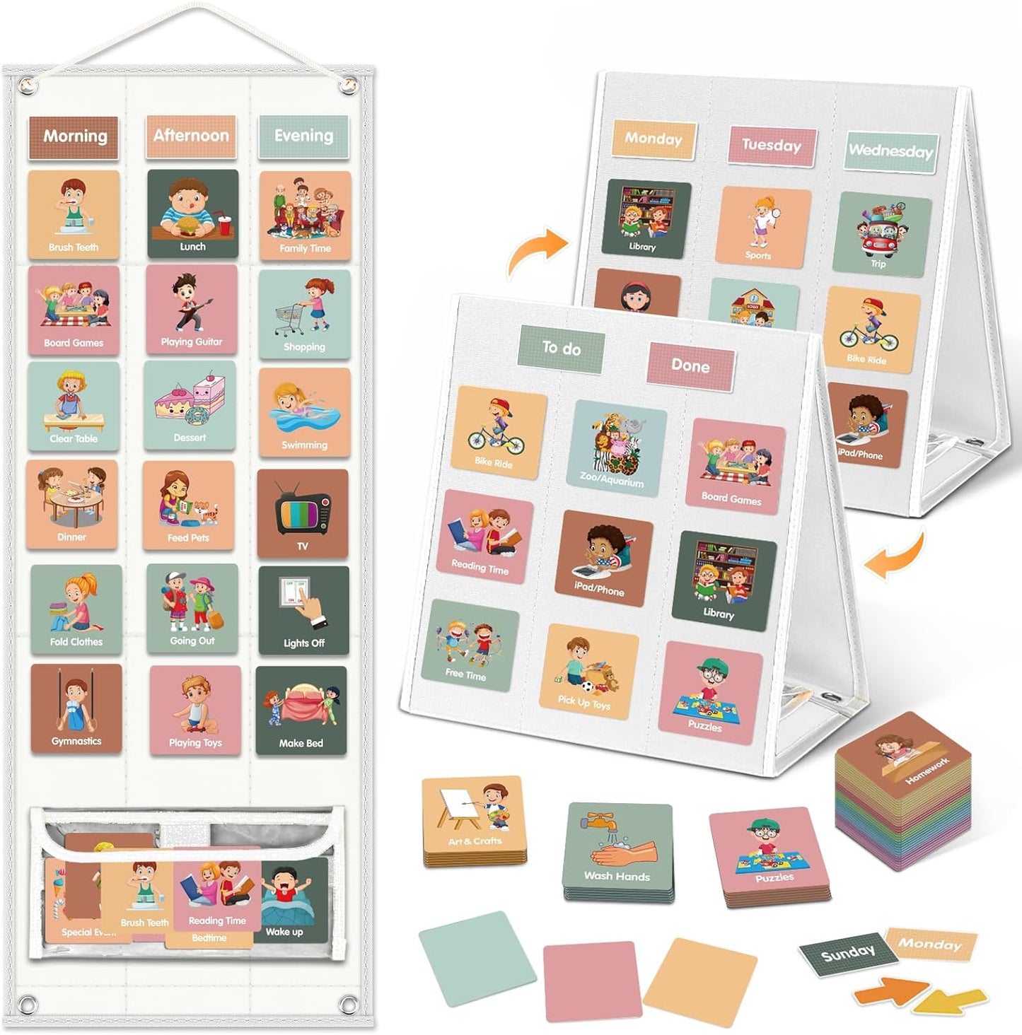 Godery Large Visual Schedule for Kids Chore Reward Chart,Bedtime Routine Chart for Toddlers,Double Side Weekly Planner Board with 109 Cards for Home School Planner,Autism Learning Materials.