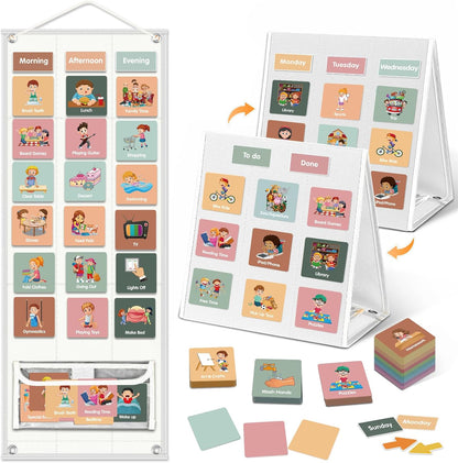 Godery Large Visual Schedule for Kids Chore Reward Chart,Bedtime Routine Chart for Toddlers,Double Side Weekly Planner Board with 109 Cards for Home School Planner,Autism Learning Materials.