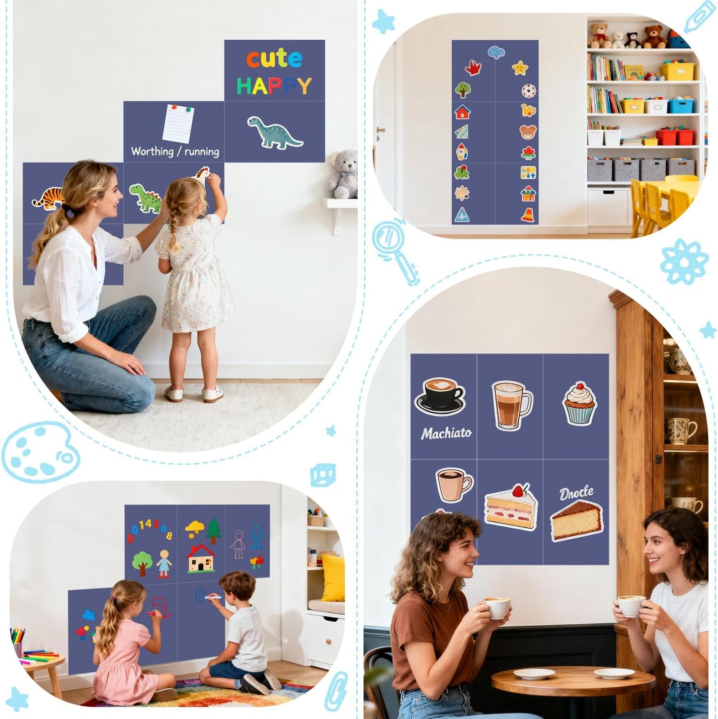 Magnetic Decal Wall for Kids Set of 6 Milk Tea Magnetic Chalkboard for Wall Peel and Stick Magnet Sheets with Chalk Tangram Puzzle and Multiple Accessories Magnetic Wall Decal for Playroom Home