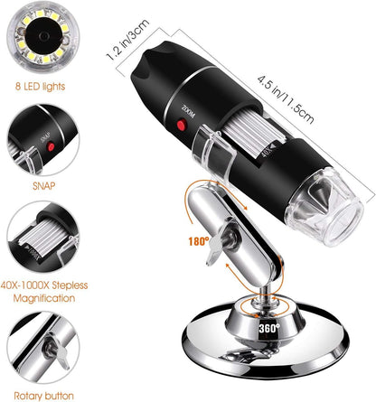 Jiusion 40 to 1000x Magnification Endoscope, 8 LED USB 2.0 Digital Microscope, Mini Camera with OTG Adapter Metal Stand, Compatible with Mac Windows 7 8 10 11 Android Linux Chrome Not for iPhone/iPad
