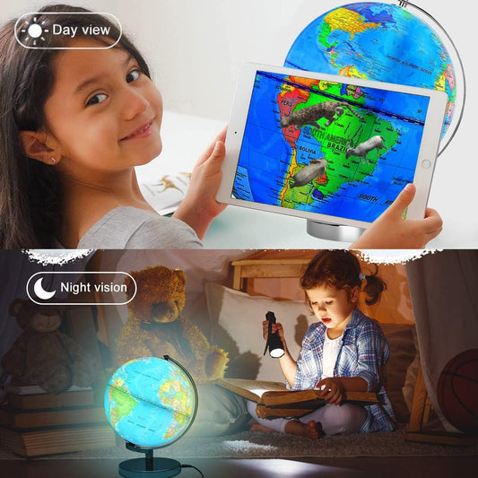 AR Illuminated World Globe for Kids - Rewritable Colorful Easy-Read High Clear Map, Educational Interactive STEM Toy, Light Up Lamp, Night Light LED Decor