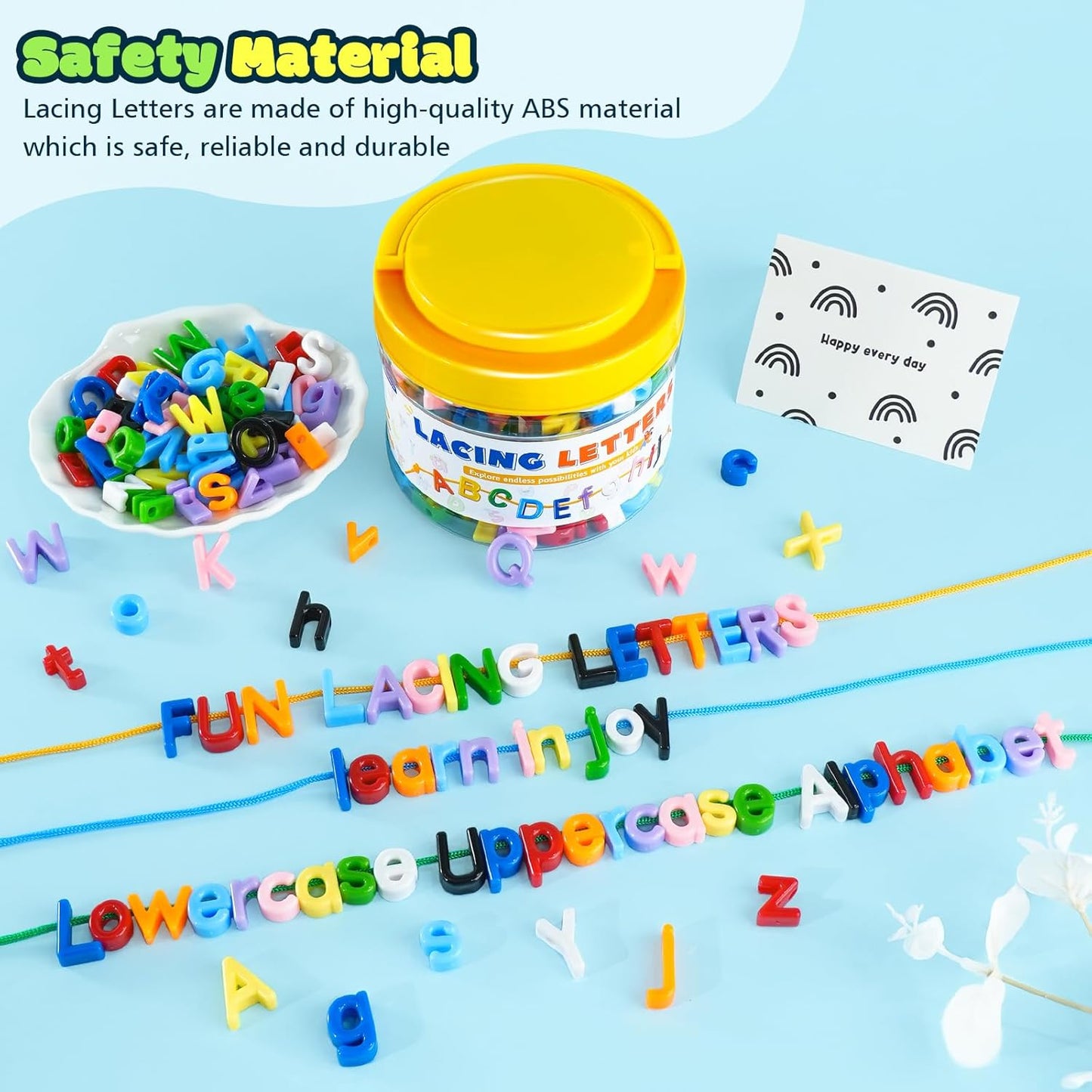 278 Pcs Lacing Letters Beads, Lowercase Alphabet Learning Toys, 10 Color Rainbow Alphabet Beads with 18 Laces, Preschool & Home Educational Toy for Kids Ages 3+, Back to School Supplies