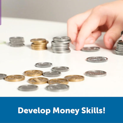 Learning Resources Pretend Play Money - Math Manipulatives For Kids, Kids Bank, Plastic Coins, Cash Register, Toddler , Homeschool Supplies, Fine Motor Skills, Teaching Set Manipulatives