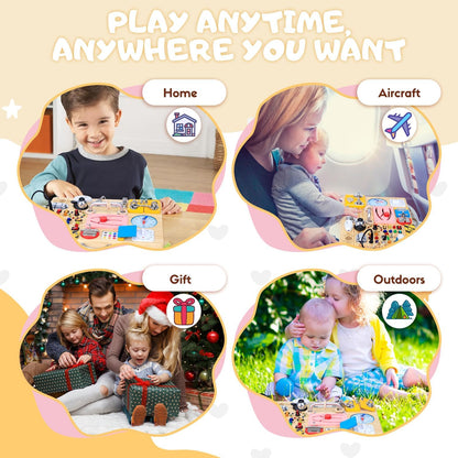 Busy Board with LED Light Switches, Montessori Toys for 1 2 3 Years Old, Toddlers Wooden Toy Sensory Activity Board, Travel Toys for 1+ Year Old Boy & Girl Birthday Gift