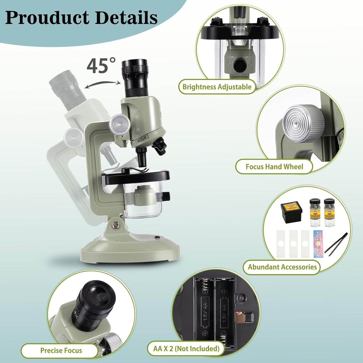 Kids Microscope Kit with LED Light - 100X/400X/1200X Magnification for STEM Learning, 12 Prepared Slides, Easy-to-Use Science Learning Kit (Ages 5-12) - Yellow