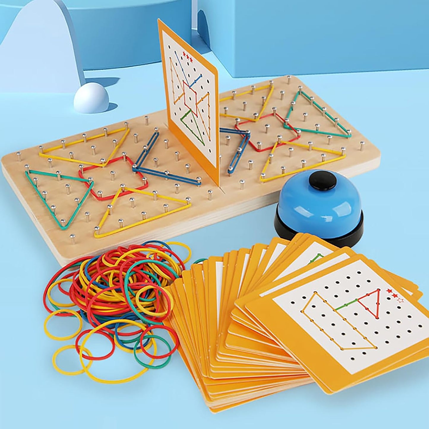 Wooden Geoboard Montessori Toy - Graphical Math Learning Tool for Preschoolers 3-5 Years Old, Comes with Pattern Cards and Rubber Bands to Build Shapes and Figures, Kids Educational Toys