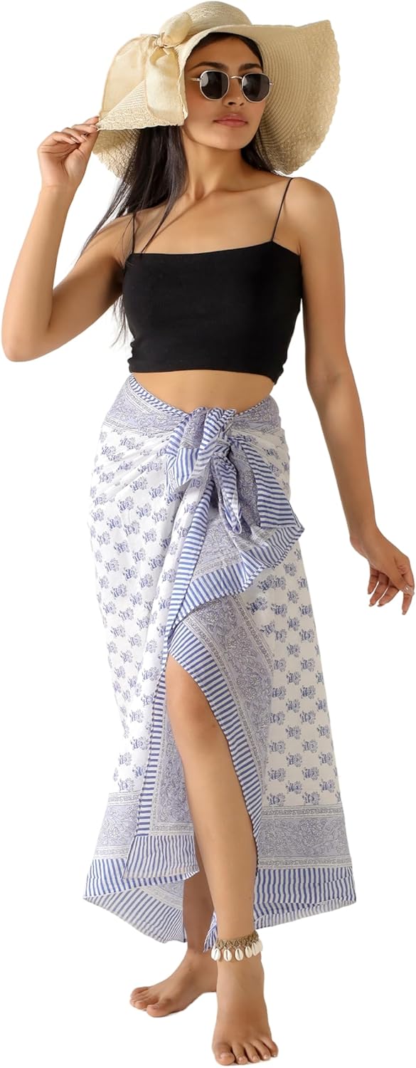 100% Cotton Sarong Cover Up for Women Indian Block Print Beach Wrap Skirt Long Boho Swimsuit Bikini Pareo (73” x 43”)