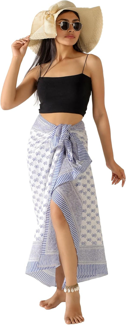 100% Cotton Sarong Cover Up for Women Indian Block Print Beach Wrap Skirt Long Boho Swimsuit Bikini Pareo (73” x 43”)