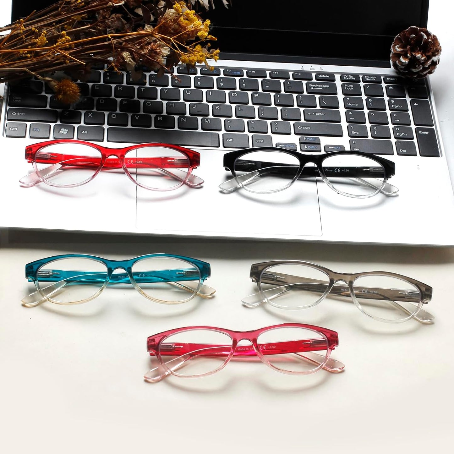 SIGVAN Ladies Cat Eye Reading Glasses 5 Pairs Blue Light Blocking Spring Hinge Fashion Pattern Print Readers for Women