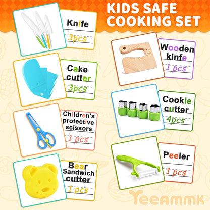 13 Pieces Montessori Kitchen Toys for Toddlers-Kids Cooking Sets Real-Toddler Toys Set for Real Cooking with Plastic Children Safe Knives Crinkle Cutter Kids Cutting Board