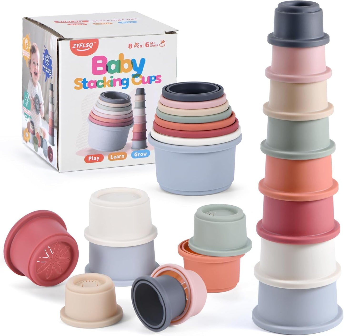 ZYFLSQ Stacking Cups Baby Toy, Nesting Cups 8 Pcs with Pattern for Kid Baby 6 Months and Up Montessori Bath Toys