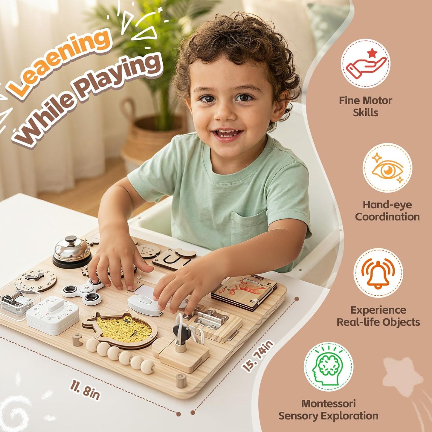 Montessori Large Busy Board for 1 2 3 4,Wooden Sensory Activity Toys,Fine Motor Skills & Early Learning for Toddler Baby Boys Girls Gifts for ADHD & Autistic Kids Children