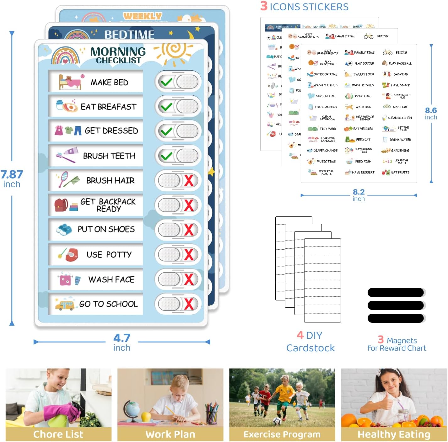 Upgraded Slider 3 in 1 Bedtime/Morning/Daily Routine Chart for Kids, Magnetic Chore Chart for Kids, Visual Schedule for Kids Toddlers Schedule Board for Home