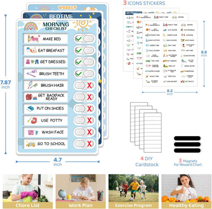 Upgraded Slider 3 in 1 Bedtime/Morning/Daily Routine Chart for Kids, Magnetic Chore Chart for Kids, Visual Schedule for Kids Toddlers Schedule Board for Home
