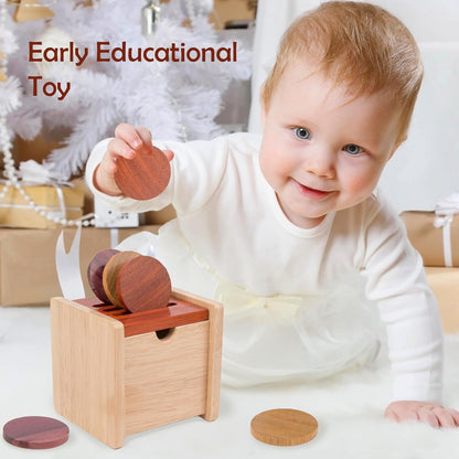 Adena Montessori Coin Box -Natural Wood Double-Sided Object Permanence Box Toy for 1-Year-Old Babies, Wooden Montessori Developmental Toy for 6-12 Month, Early Learning Gift