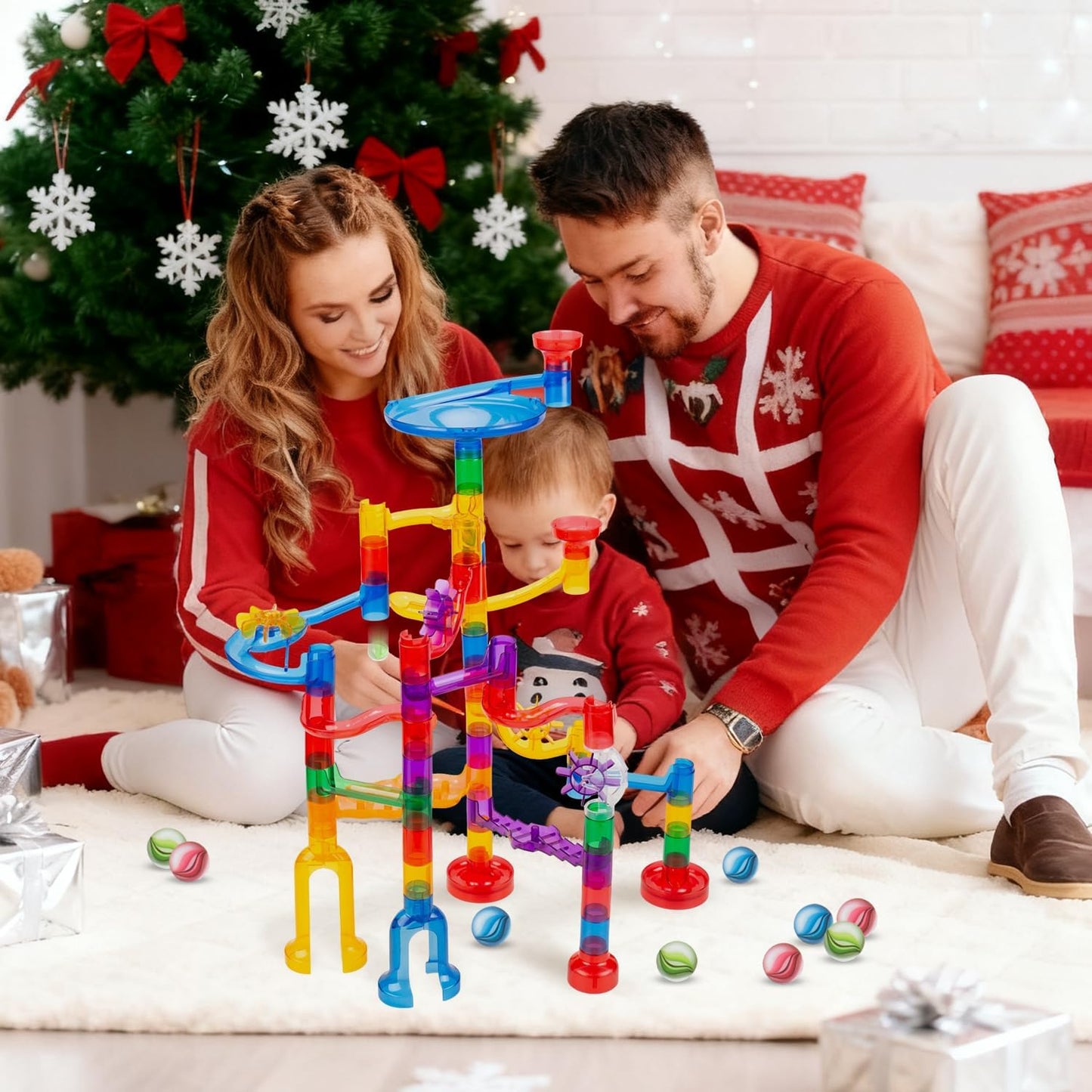 Marble Run Toy, 125pcs Marble Maze Kit STEM Educational Learning Toy for Kids, Construction Building Blocks Toys, Birthday Gift for Boys Girls 3-8（with 5 Glow in The Dark Glass Marbles）