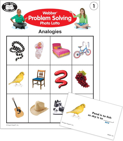 Super Duper Publications | Webber® Problem Solving Bingo, Inferencing, Sequencing, Analogies, Classifying, Predicting, and What Doesn't Belong Cards | Educational Resource for Children