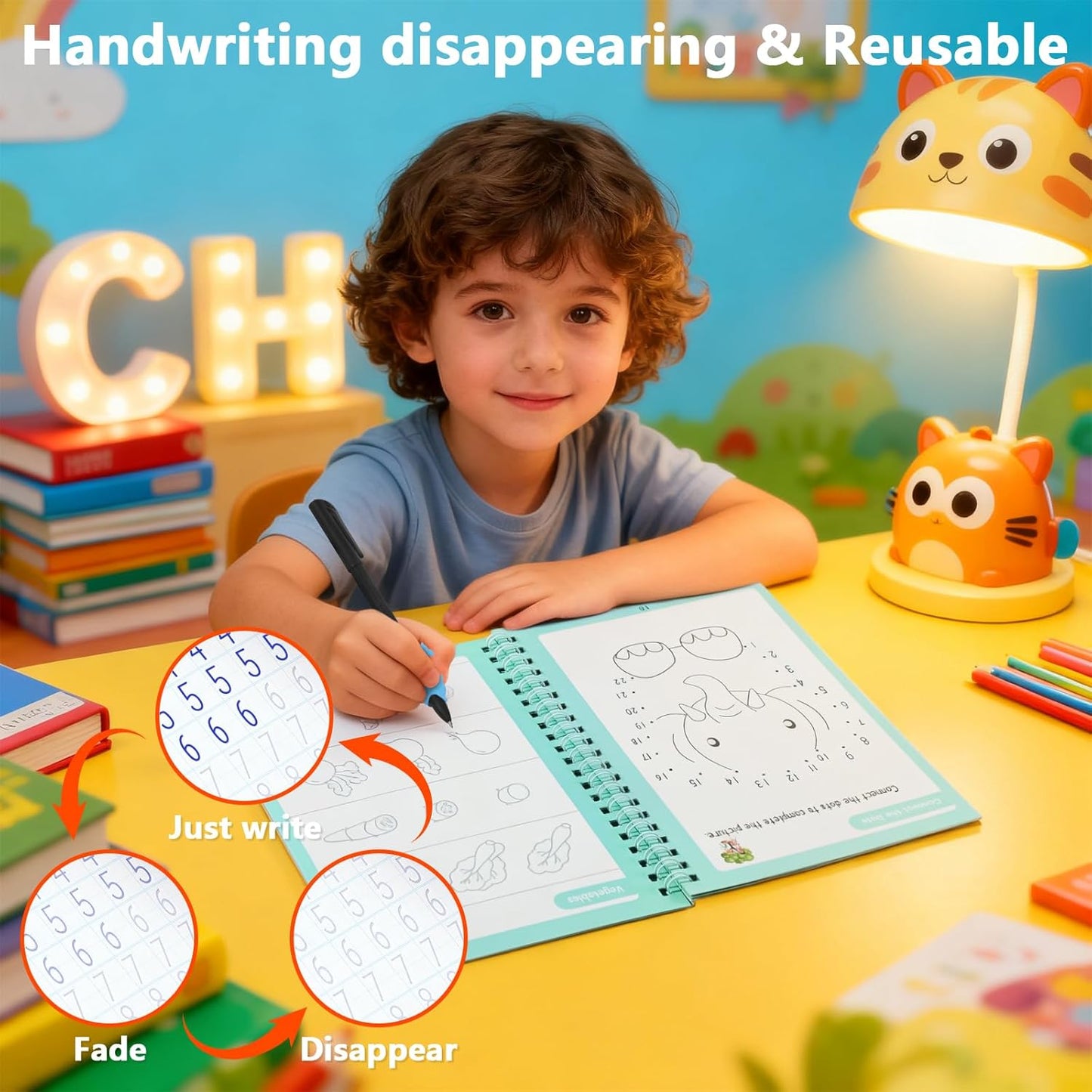 Magic Grooved Writing Practice Books, Handwriting Practice Magic Copybook for Kids Ages 3-8, Large Grooved Writing PracticeBook Aid Magic Pen Reusable Letter Learning Kit, Kindergarten Workbooks