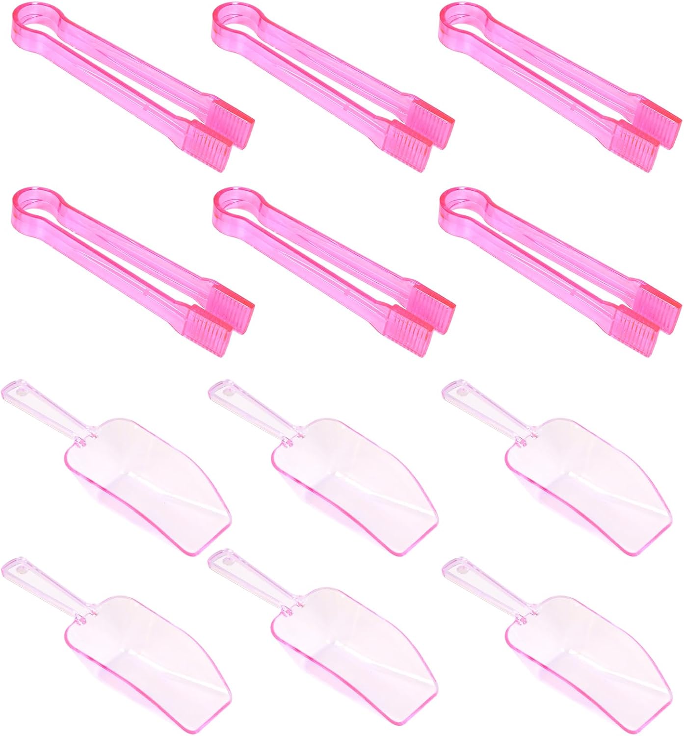 12Pcs Clear Plastic Ice Scoops Tongs Set, Small Tongs for Serving Food, Mini Candy Scoops for Candy Buffet Dry Goods Freezer Bin Canisters (Clear)
