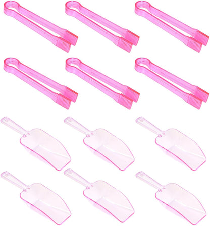 12Pcs Clear Plastic Ice Scoops Tongs Set, Small Tongs for Serving Food, Mini Candy Scoops for Candy Buffet Dry Goods Freezer Bin Canisters (Clear)
