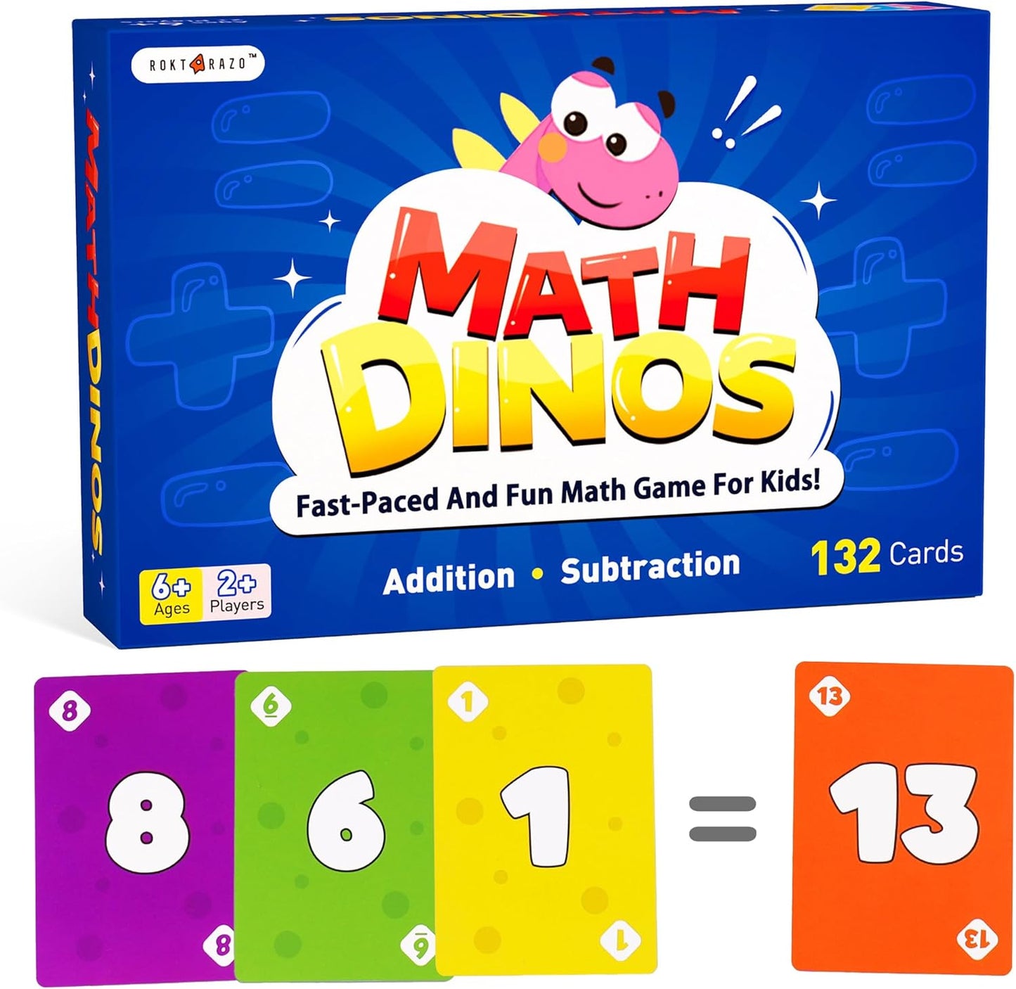 rokt&razo, Math Dinos, Math Card Game for Kids 5+, 8+, Fast-Paced Addition, Subtraction, Multiplication & Division, Adjustable Difficulty, Perfect for Homeschool, STEM Study Aid, Teaching Tools