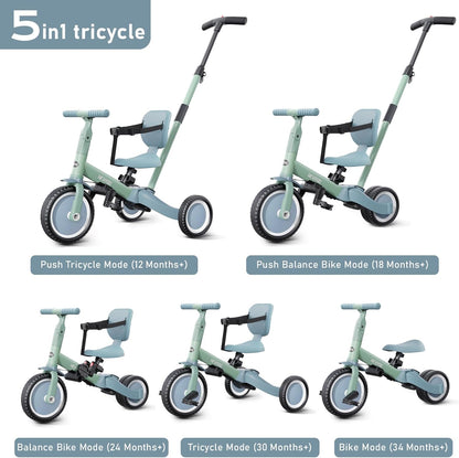 newyoo Toddler Tricycle with Push Handle for 1-3 Year Old, Toddler Bike, Birthday Gift and Toy for Boys and Girls, 5 in 1 Kids Trike, Balance Bike with Backrest and Safety Belt, Khaki, TR007