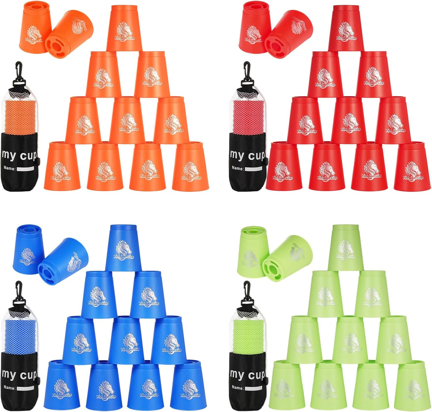 yeesport 48 PCS Sport Stacking Cups with Horse Pattern, Sport Training Game for Challenge Competition, Plastic Stacking Cups, Classic Family Game for Youth and Adults, Red+Blue+Green+Yellow