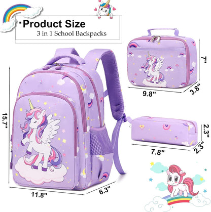 Girls Backpack for Elementary Unicorn Backpack Kids Backpack School Bookbag for Girls 3 in 1 Set Back to School