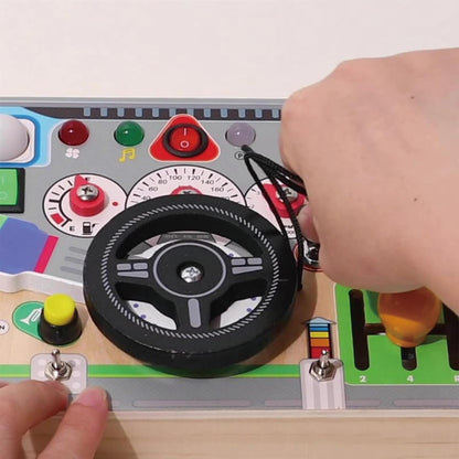 Wooden Montessori Busy Board for Toddlers 4-8 - Wooden Dashboard Steering Wheel Toy， Fine Motor Skill Development Toy for Kids 1-6， Educational Pretend Driving Busy Board for Boys & Girls