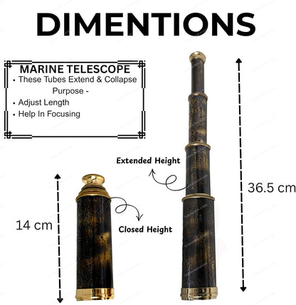14" Handheld Brass Telescope with Engraved Imprints – Pirate Collection Spyglass with Wooden Box – Vintage Nautical Collectible, Antique Brass Pirate Scope Gift